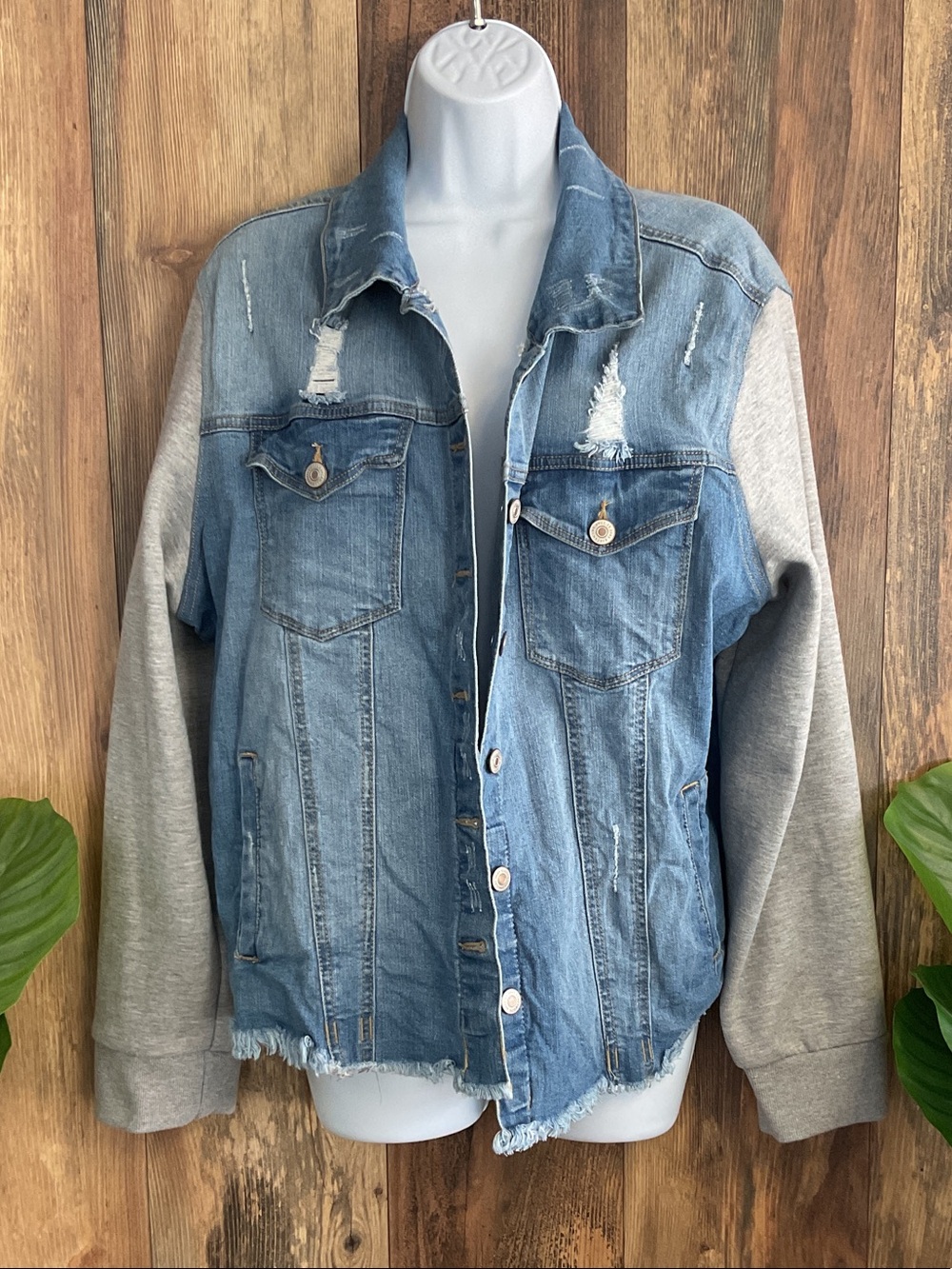 KanCan Light Blue Denim Jacket Fray Crop Sweatshirt Sleeve Panels 1XL    C262